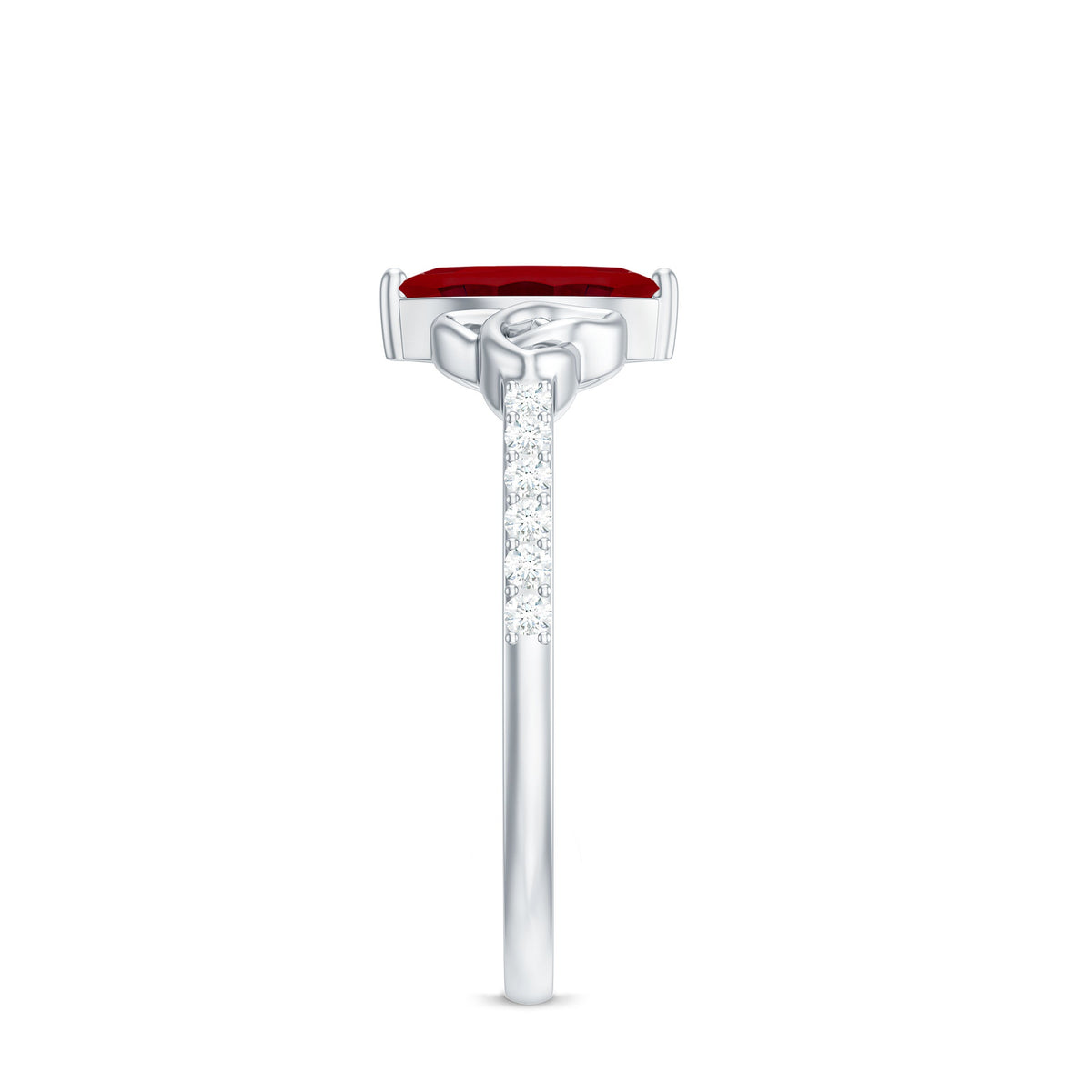 Lab grown ruby Celtic knot ring with diamond accents, featuring 0.75 carats, crafted by Rosec Jewels in a detailed jewelry design.