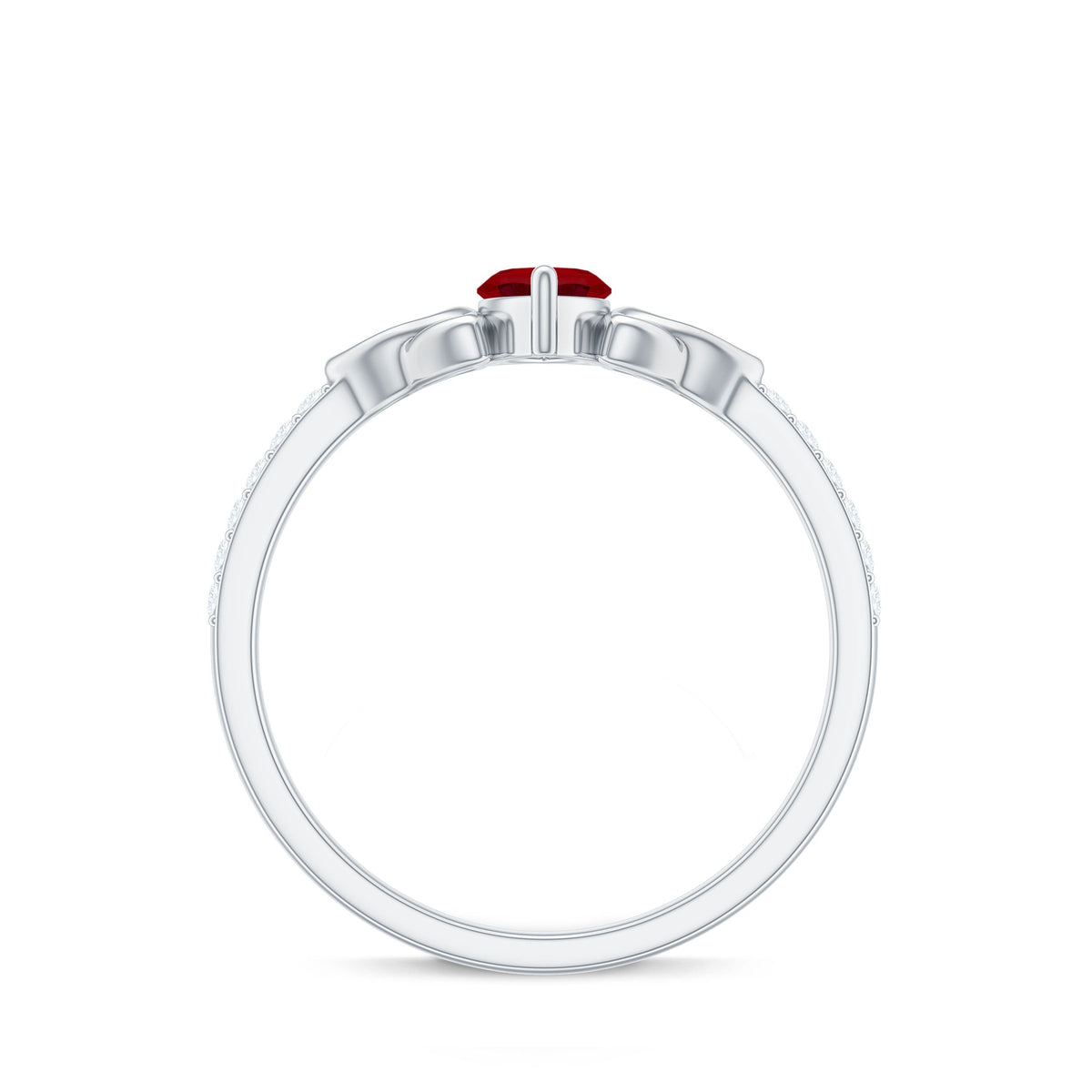 Lab grown ruby Celtic knot ring with diamond accents, 0.75 carats, crafted by Rosec Jewels, displayed on a white background.
