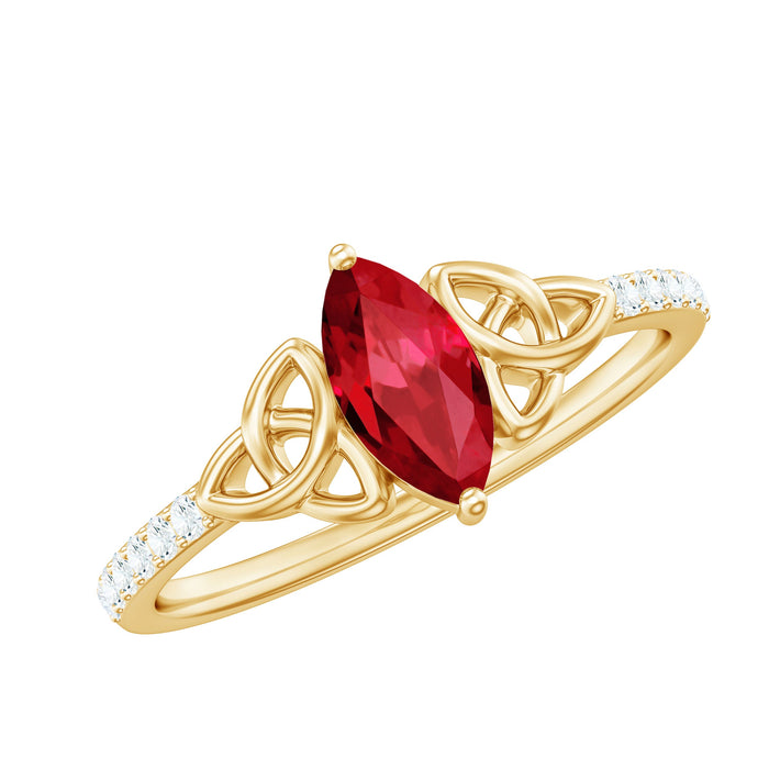 Lab-grown ruby Celtic knot ring with diamond accents, crafted by Rosec Jewels, featuring intricate design on sterling silver band.