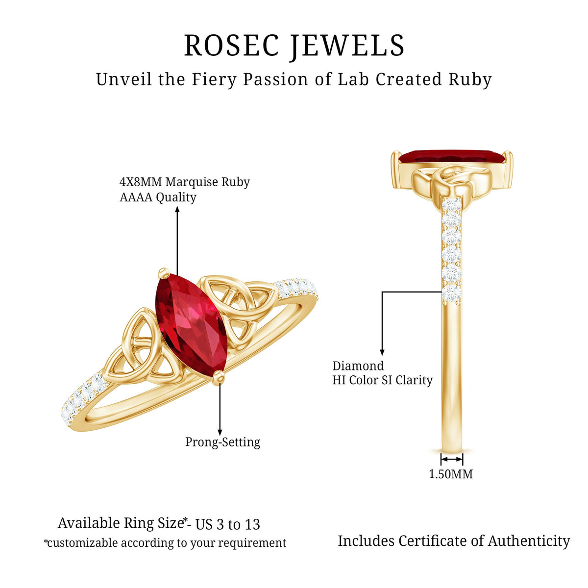Lab grown ruby Celtic knot ring with diamond, 0.75 carats, crafted by Rosec Jewels, featuring intricate Celtic design and sparkling accents.