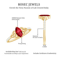 Lab grown ruby Celtic knot ring with diamond, 0.75 carats, crafted by Rosec Jewels, featuring intricate Celtic design and sparkling accents.