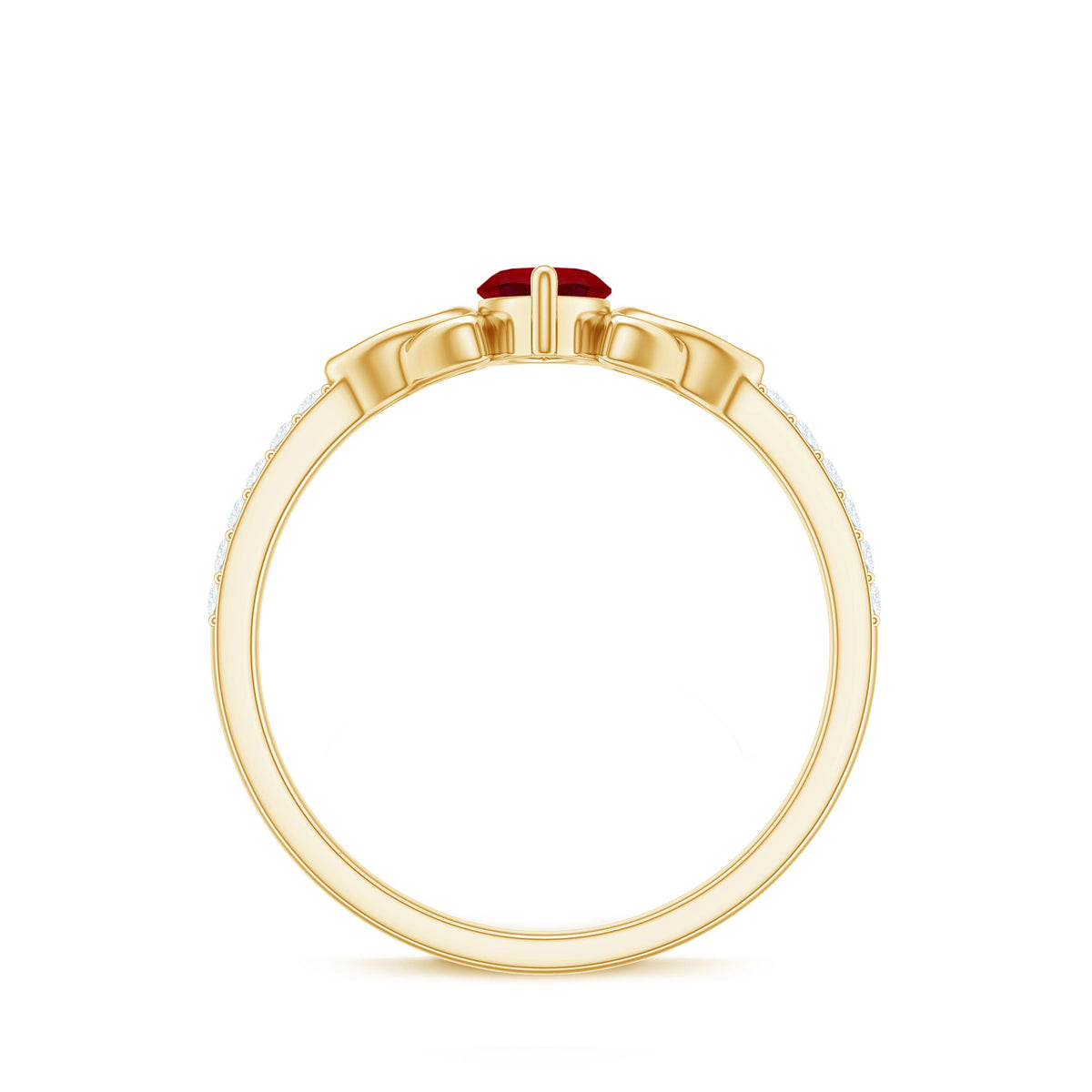 Lab grown ruby Celtic knot ring with diamond accents by Rosec Jewels, 0.75 carat, detailed gold band with intricate design.