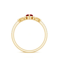 Lab grown ruby Celtic knot ring with diamond accents by Rosec Jewels, 0.75 carat, detailed gold band with intricate design.