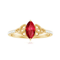 Lab grown ruby Celtic knot ring with diamond accents, 0.75 carats, crafted by Rosec Jewels, shown on a white background.
