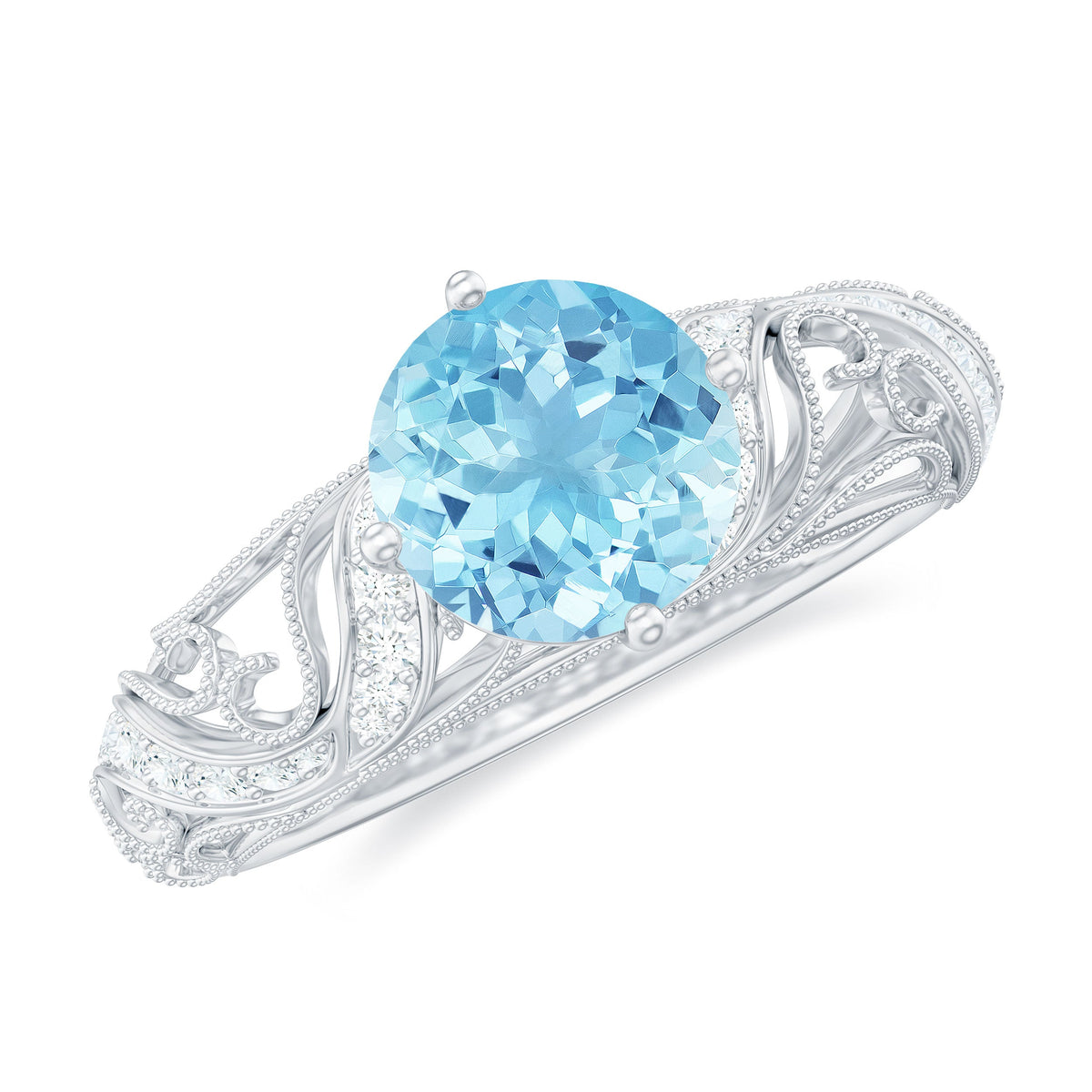 Vintage style aquamarine and diamond engagement ring featuring a 0.8 carat center stone, set in a detailed Rosec Jewels ring design.