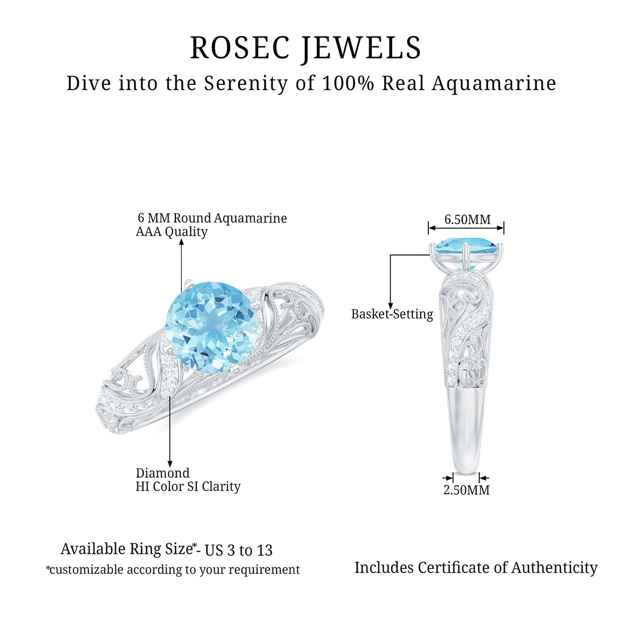 Vintage style aquamarine and diamond engagement ring featuring a 0.8 carat center stone, set in a detailed Rosec Jewels ring design.