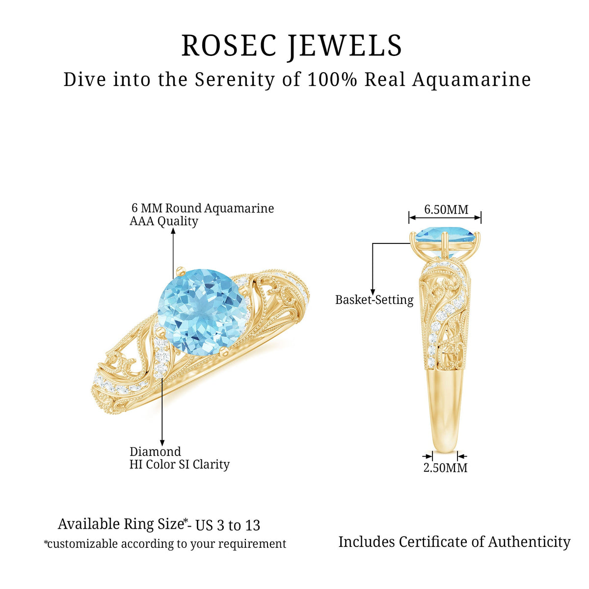 Vintage style aquamarine and diamond engagement ring from Rosec Jewels featuring a 0.8 carat center stone and intricate band design.