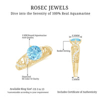 Vintage style aquamarine and diamond engagement ring from Rosec Jewels featuring a 0.8 carat center stone and intricate band design.