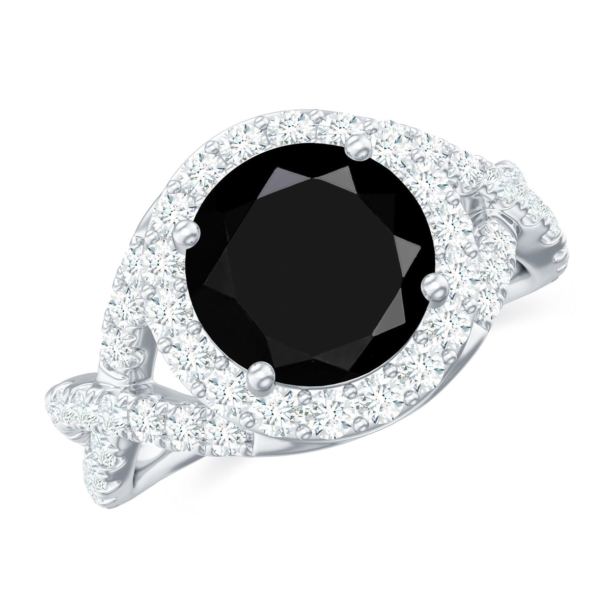 Certified 2 Carat black onyx crossover engagement ring with moissanite halo from Rosec Jewels, showcasing the elegant ring design.