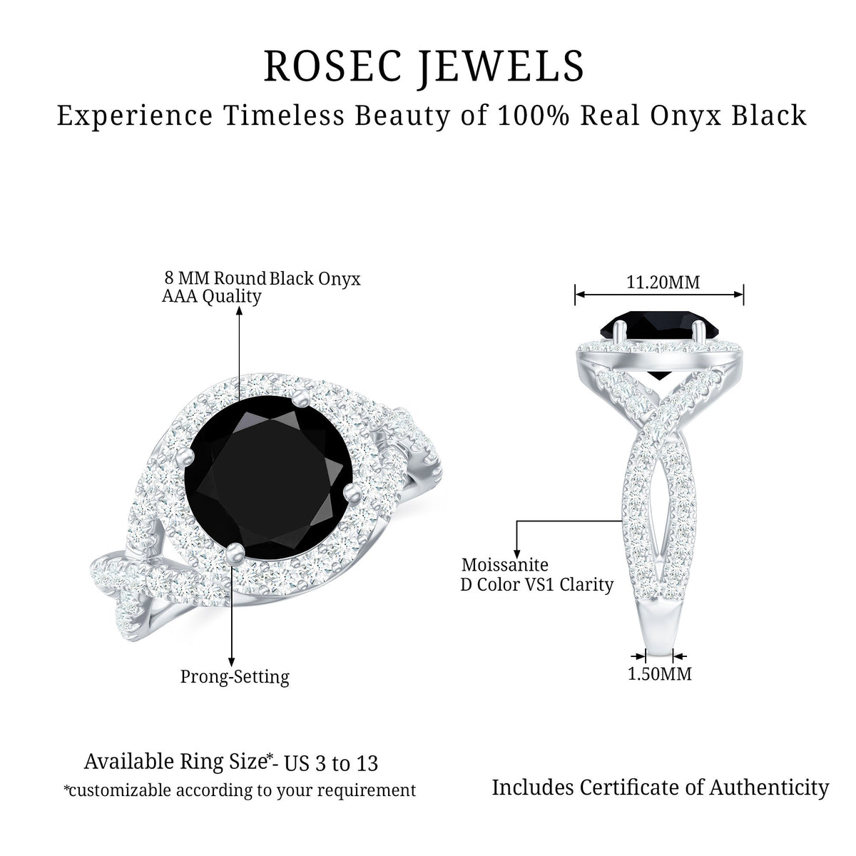 Certified 2 Carat black onyx crossover engagement ring with moissanite halo from Rosec Jewels featuring elegant design and sparkling accents.