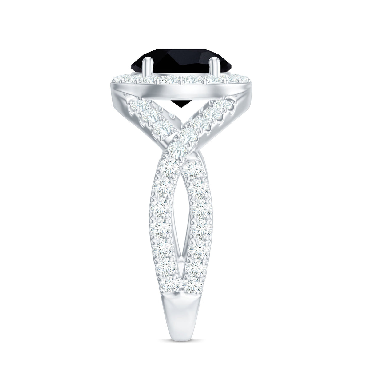 Black onyx crossover engagement ring with moissanite halo from Rosec Jewels, showcasing a 2-carat center stone and intricate design.