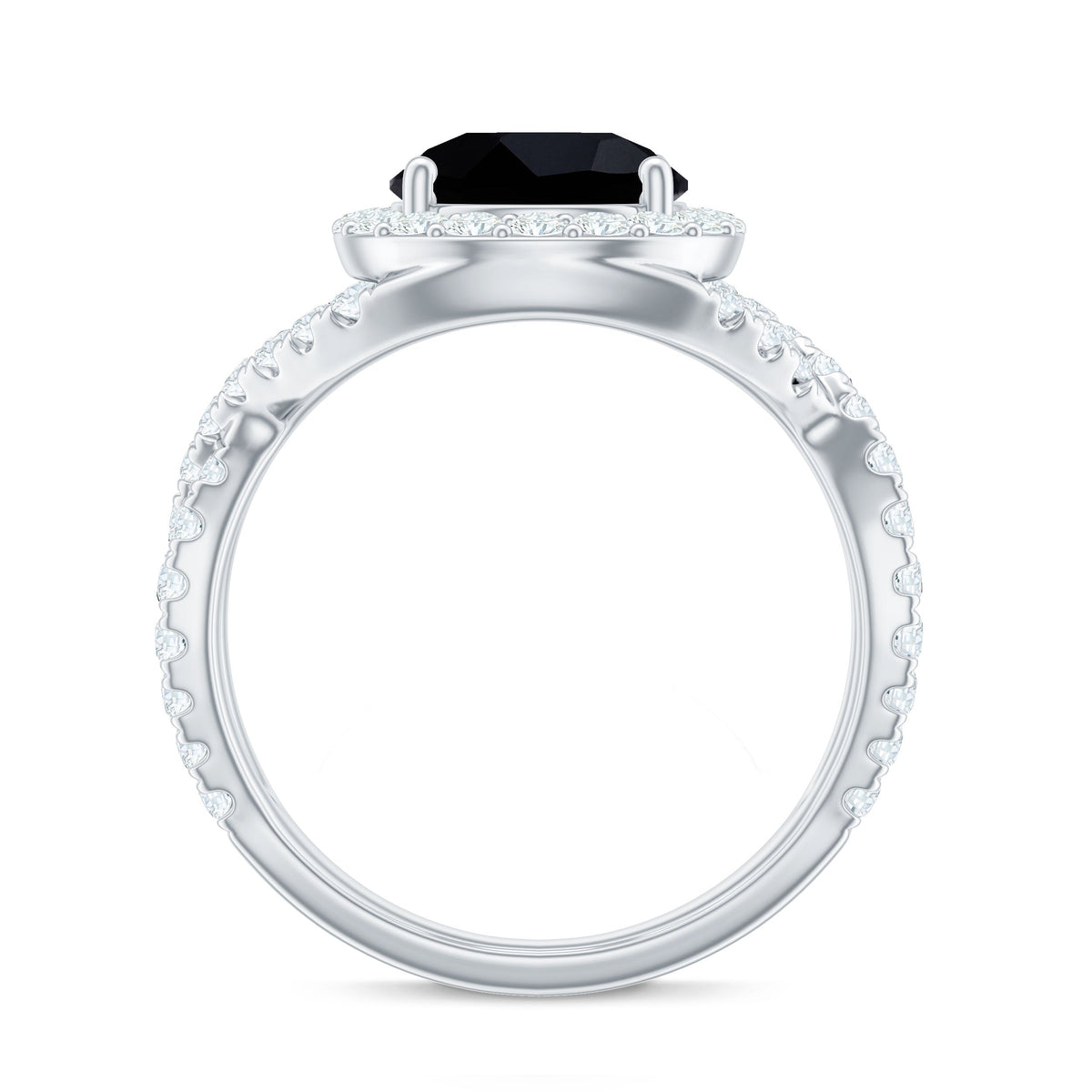 Certified 2 Carat black onyx crossover engagement ring with moissanite halo by Rosec Jewels, showcasing the elegant ring design.