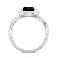 Certified 2 Carat black onyx crossover engagement ring with moissanite halo by Rosec Jewels, showcasing the elegant ring design.