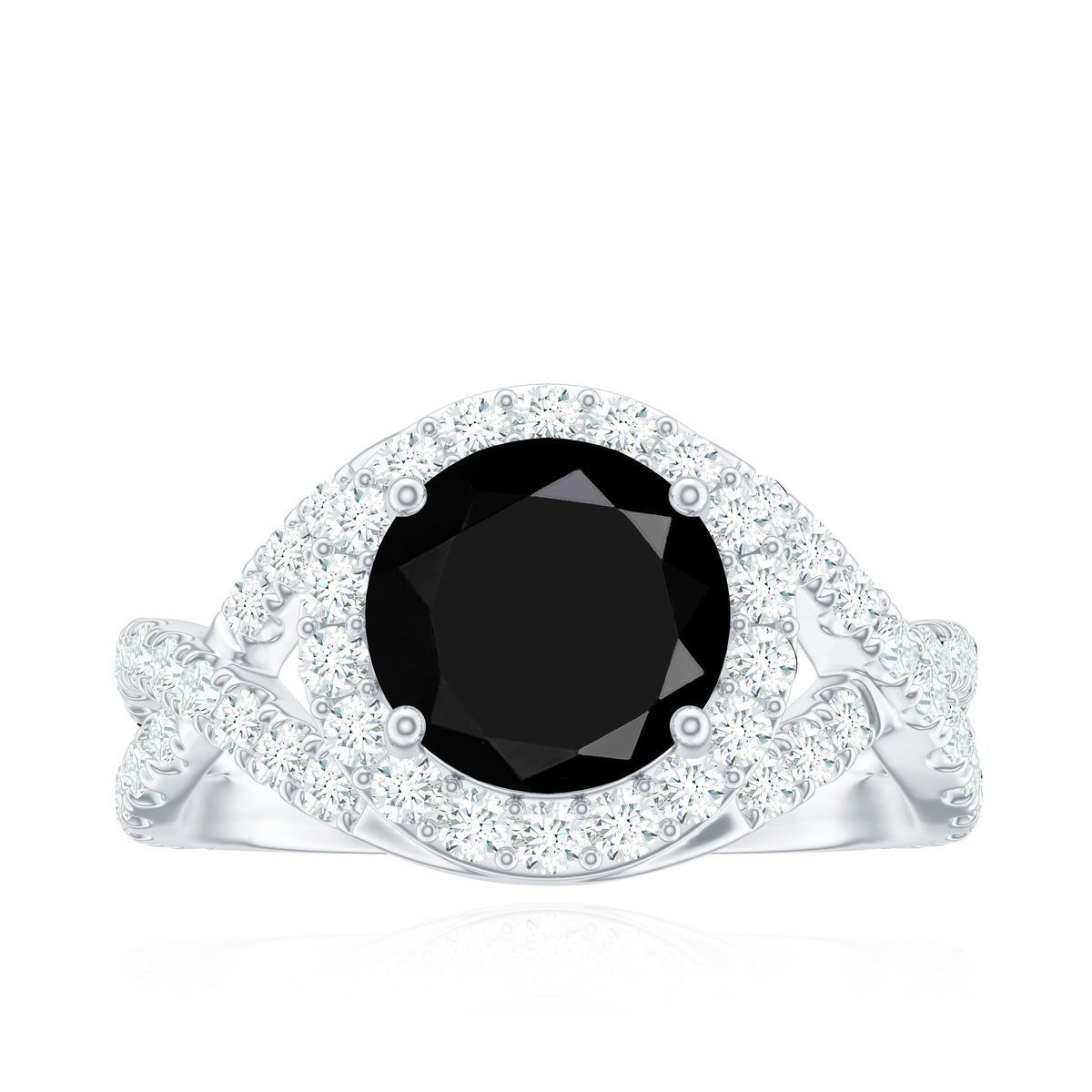 Certified 2 Carat black onyx crossover engagement ring with moissanite halo, rose gold band, by Rosec Jewels.