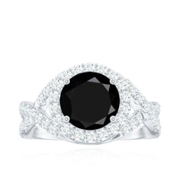Certified 2 Carat black onyx crossover engagement ring with moissanite halo, rose gold band, by Rosec Jewels.