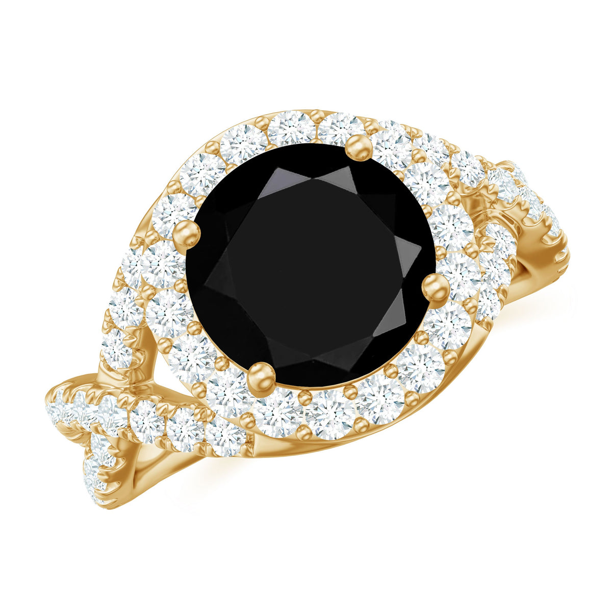 Black onyx crossover engagement ring with moissanite halo by Rosec Jewels, showcasing the detailed design and sparkling stones.