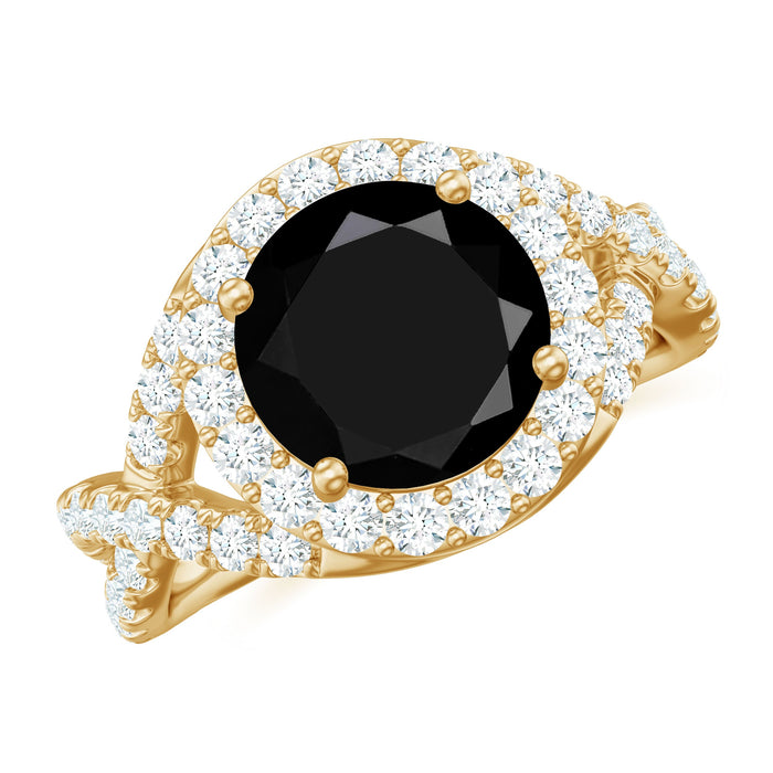 Black onyx crossover engagement ring with moissanite halo by Rosec Jewels, showcasing the detailed design and sparkling stones.