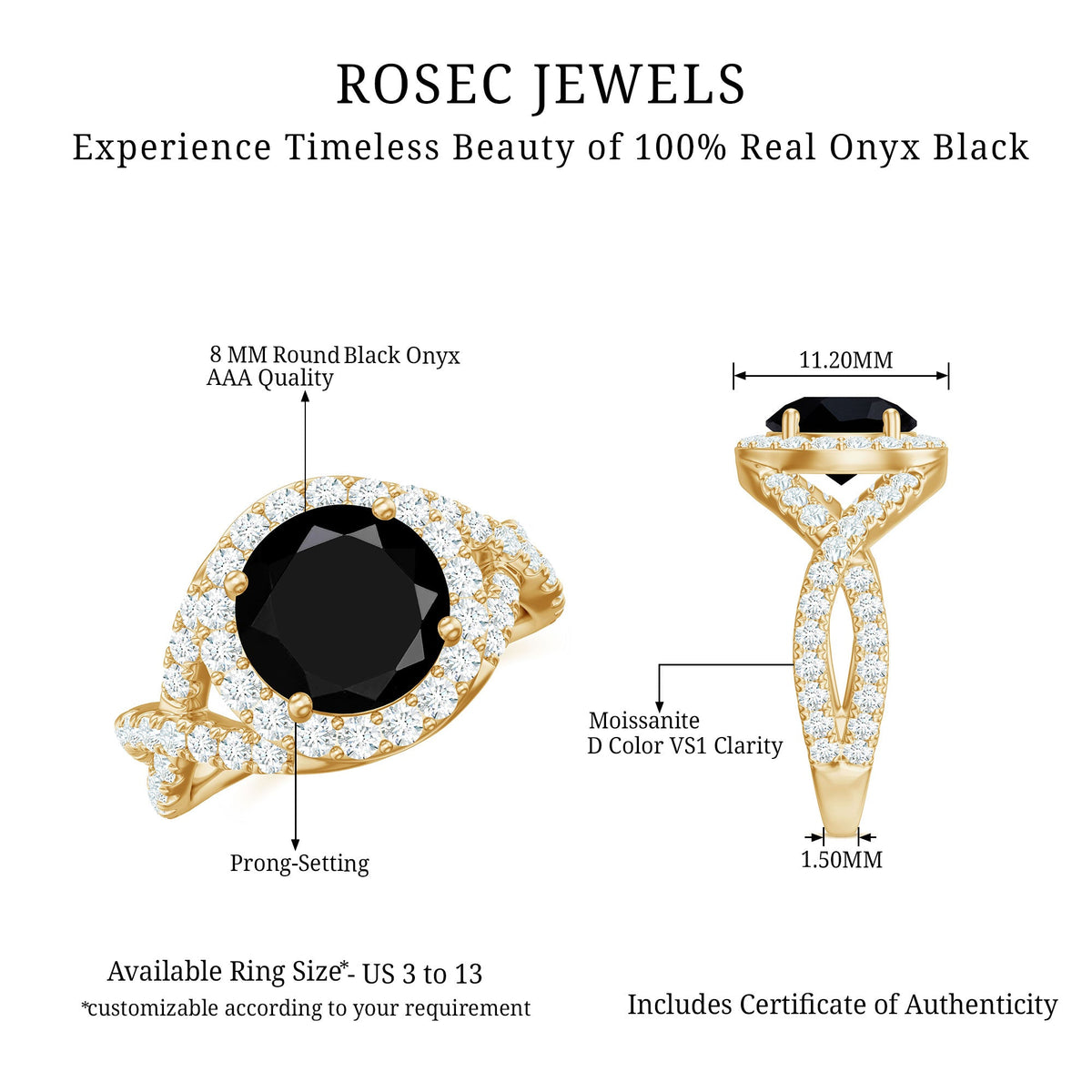 Certified 2 Carat black onyx crossover engagement ring with moissanite halo by Rosec Jewels, featuring a sleek, elegant design.