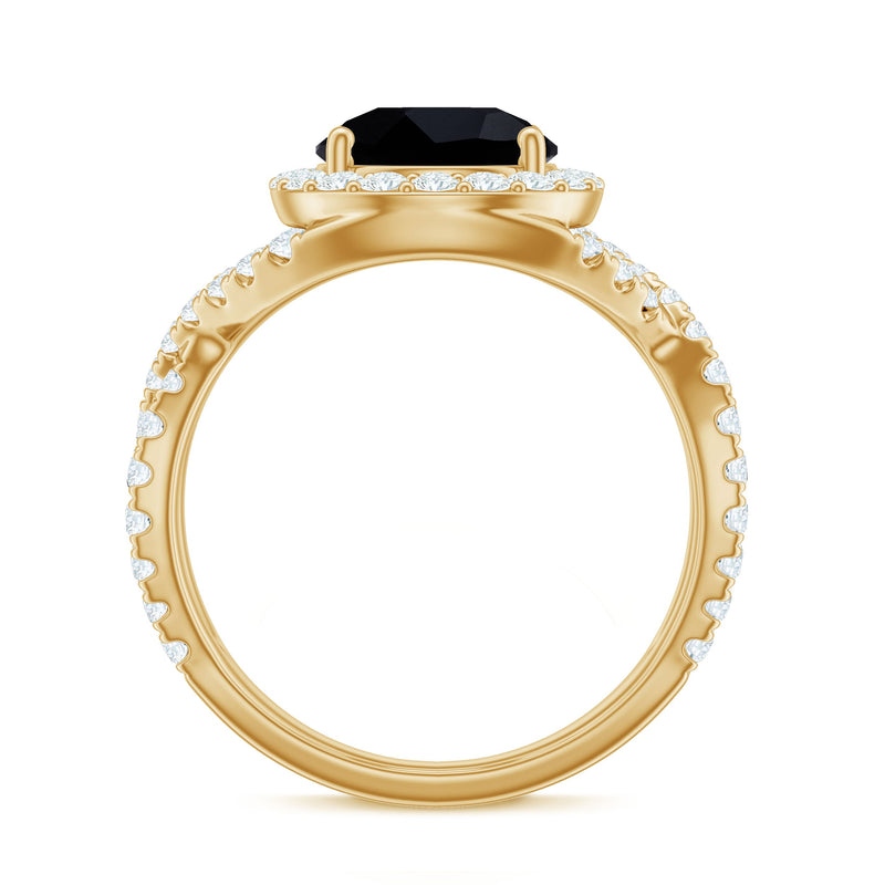 Black Onyx crossover engagement ring with moissanite halo, crafted by Rosec Jewels, featuring a 2-carat black gemstone and elegant design.