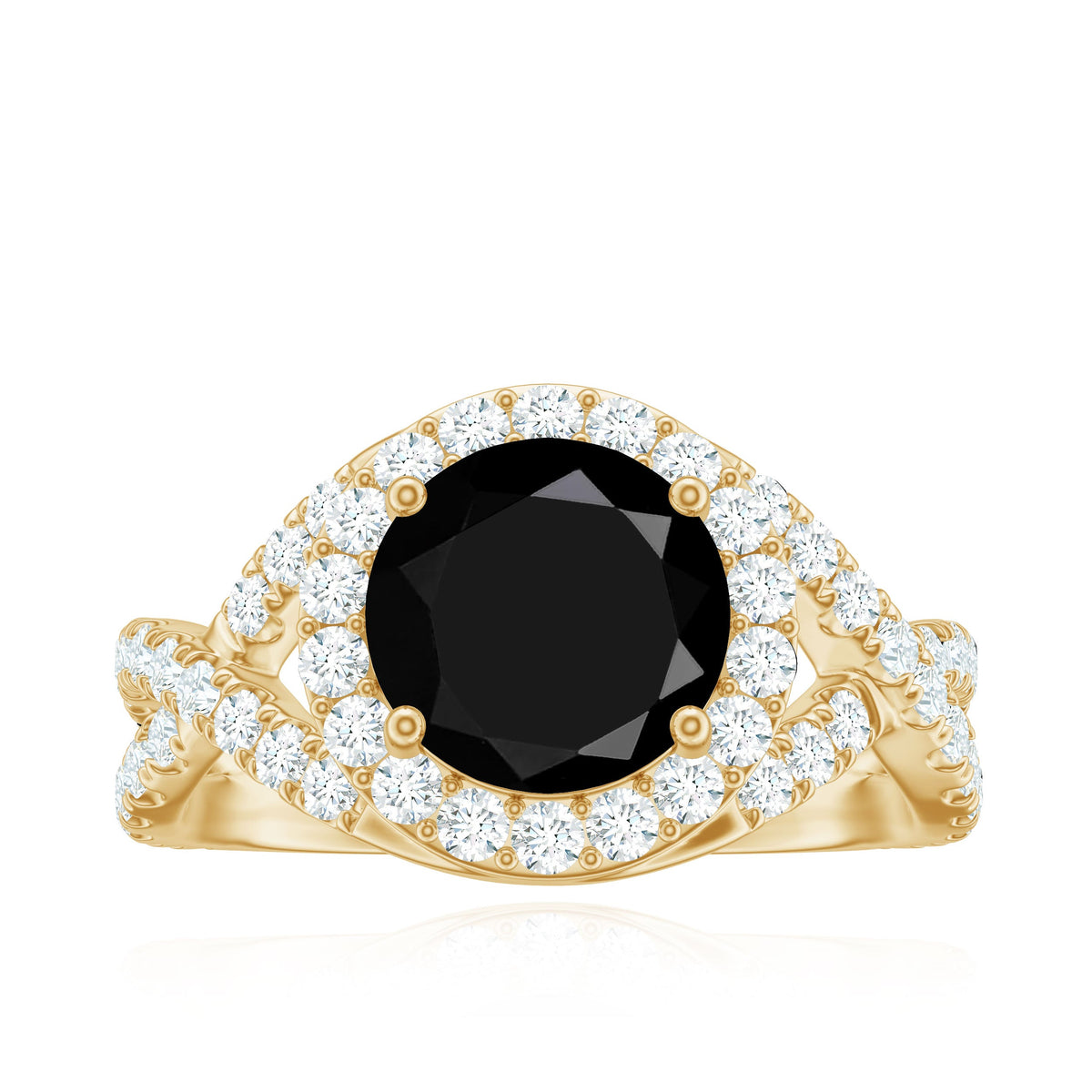 Certified 2 Carat black onyx crossover engagement ring with moissanite halo from Rosec Jewels, showcasing elegant design and craftsmanship.