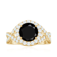 Certified 2 Carat black onyx crossover engagement ring with moissanite halo from Rosec Jewels, showcasing elegant design and craftsmanship.