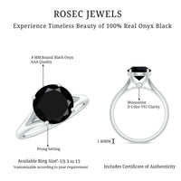 Real 8mm Black Onyx Solitaire Ring with Hidden Moissanite
