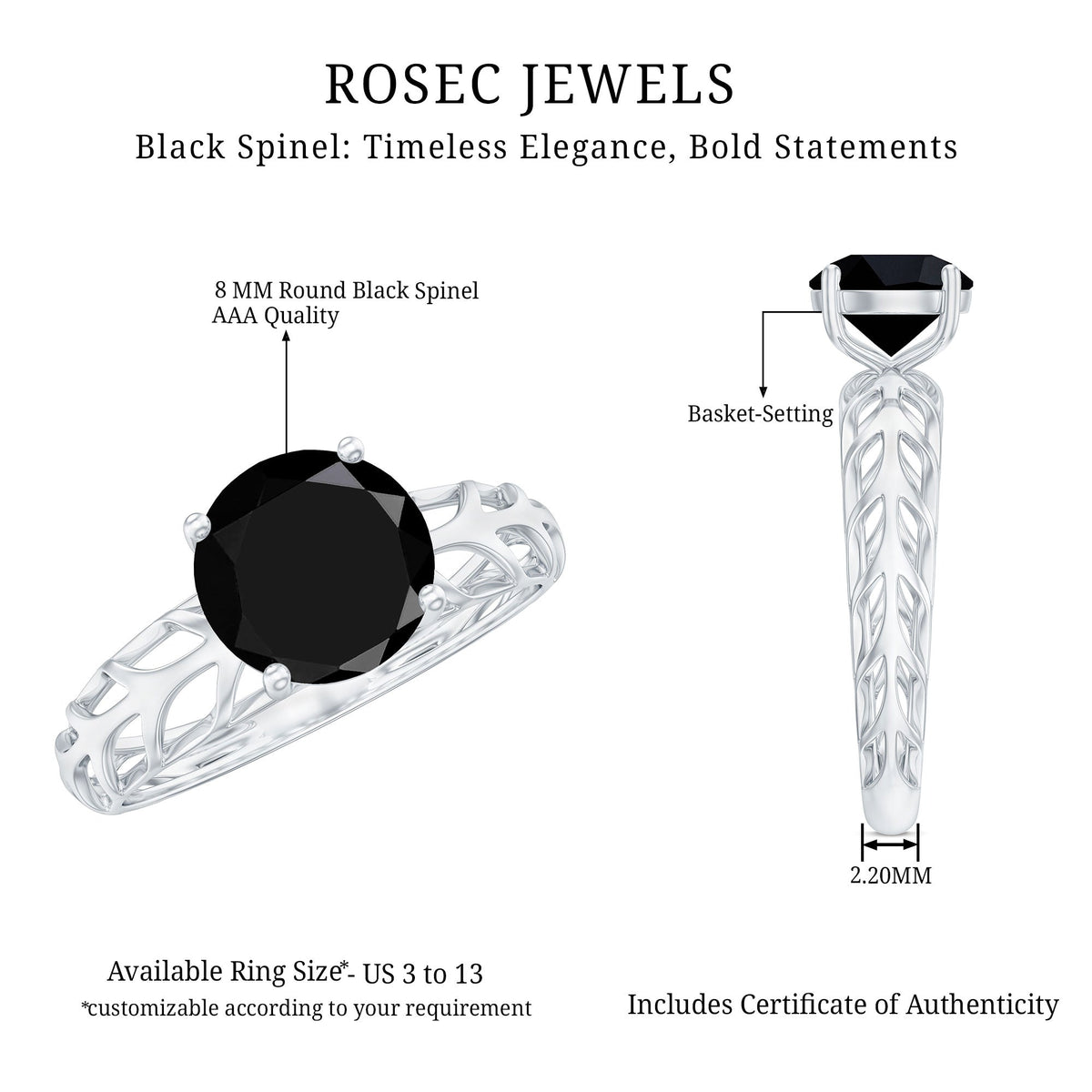 Natural 2.6 carat black spinel solitaire engagement ring for women by Rosec Jewels, featuring a striking black gemstone centerpiece.