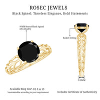 Natural 2.6 carat black spinel solitaire engagement ring for women, featuring a sleek band and a prominent black spinel gemstone.