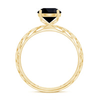 Natural 2.6 carat black spinel solitaire engagement ring for women, featuring a sleek Rosec Jewels band and a striking black gemstone.