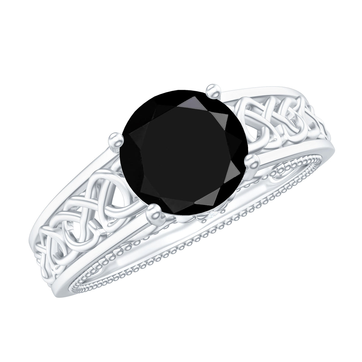 Vintage black spinel diamond engagement ring with Celtic knot design by Rosec Jewels, showcasing intricate craftsmanship and elegant style.