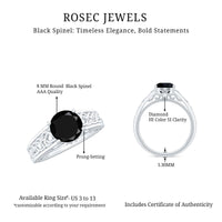 Vintage black spinel and diamond Celtic knot engagement ring by Rosec Jewels, featuring intricate design and dark gemstone accents.