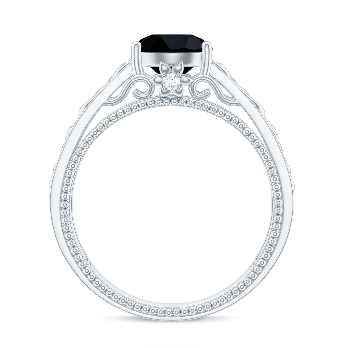 Vintage black spinel and diamond Celtic knot engagement ring by Rosec Jewels, featuring intricate design and elegant craftsmanship.