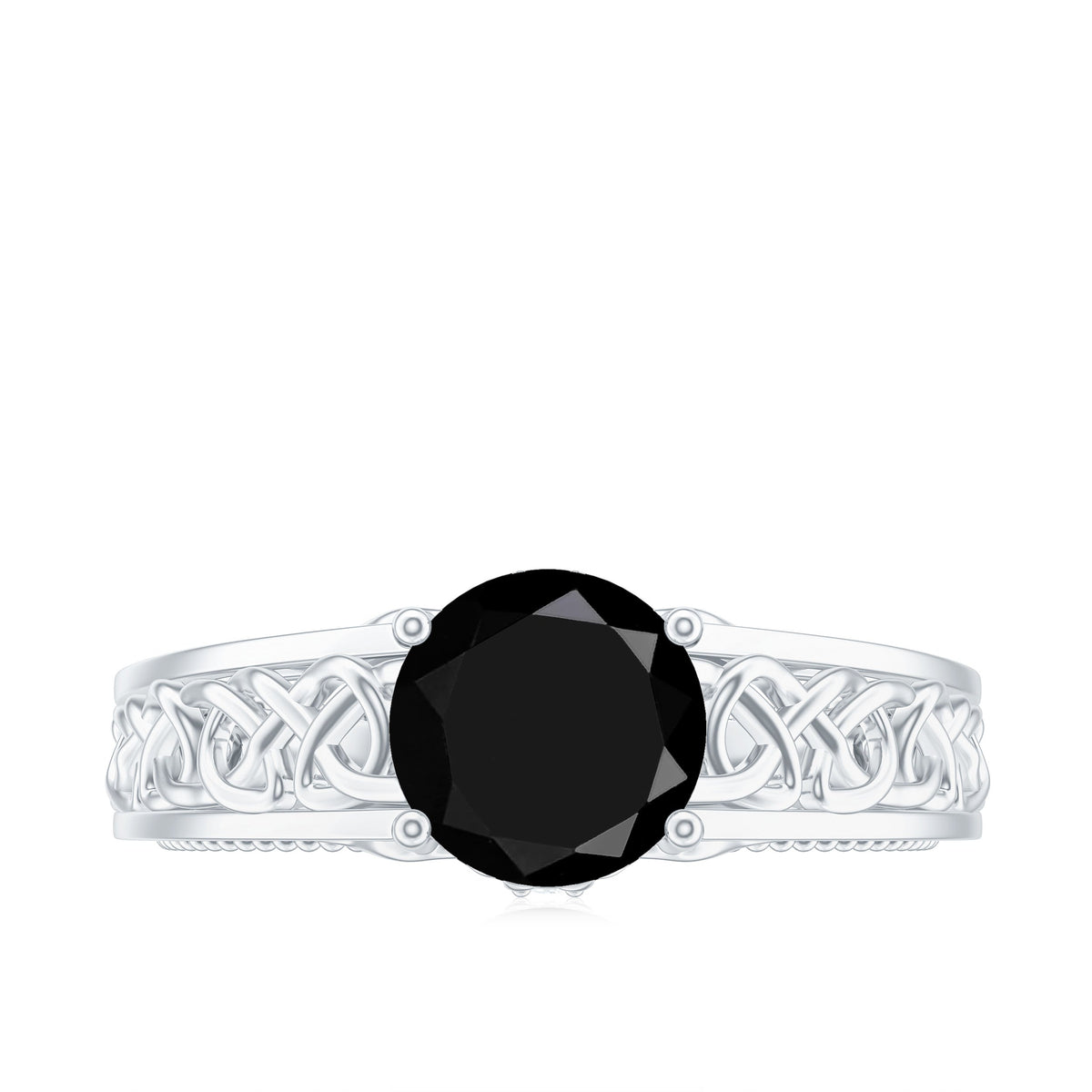Vintage black spinel and diamond engagement ring with Celtic knot design by Rosec Jewels, showcasing intricate craftsmanship.
