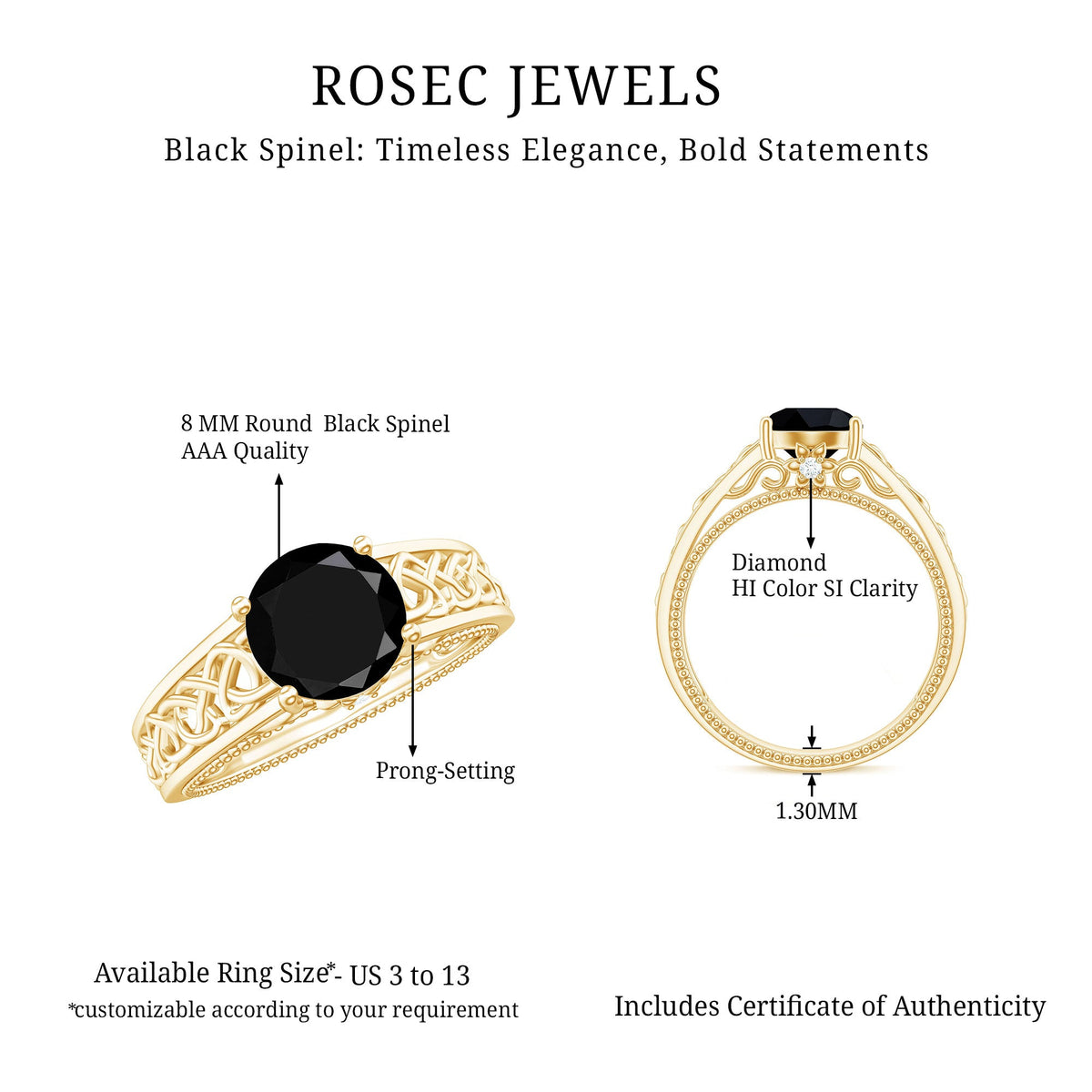 Vintage black spinel and diamond engagement ring with Celtic knot design, crafted by Rosec Jewels, featuring intricate metalwork and gemstone accents.