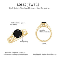 Vintage black spinel and diamond engagement ring with Celtic knot design, crafted by Rosec Jewels, featuring intricate metalwork and gemstone accents.