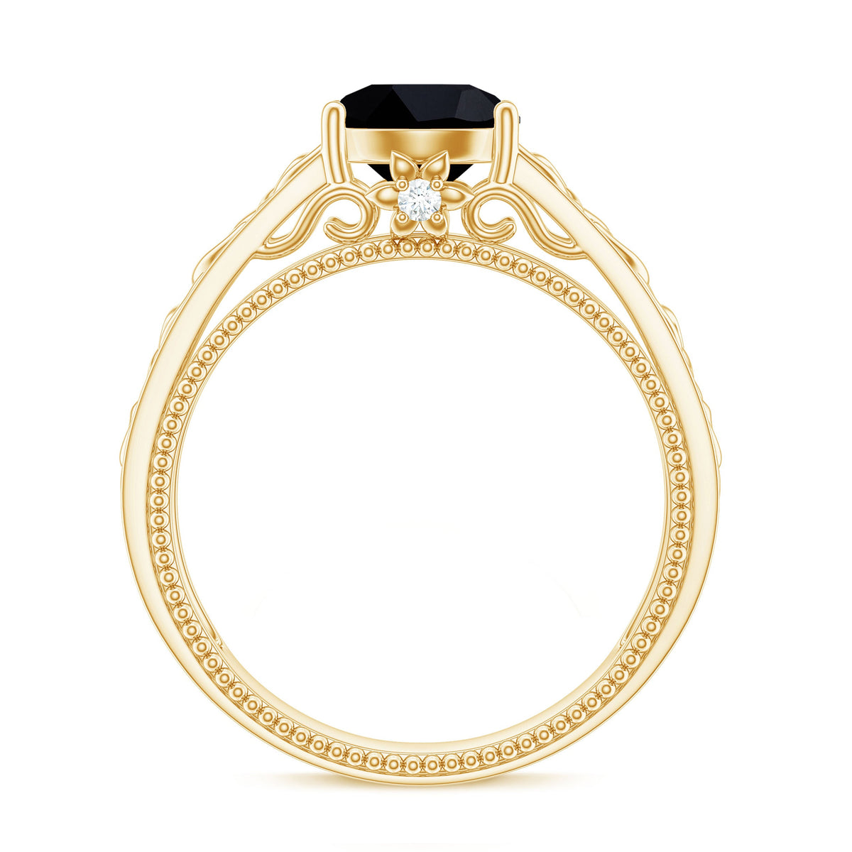 Vintage black spinel and diamond Celtic knot engagement ring by Rosec Jewels, showcasing intricate design and sparkling gemstones.