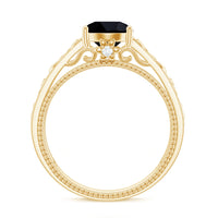 Vintage black spinel and diamond Celtic knot engagement ring by Rosec Jewels, showcasing intricate design and sparkling gemstones.
