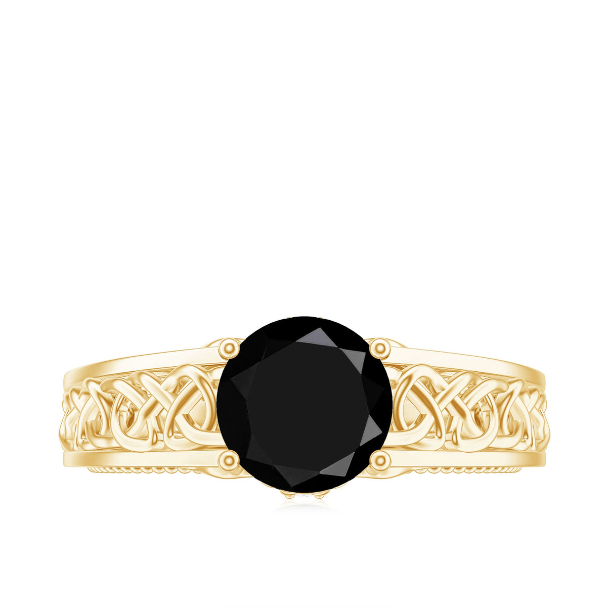 Vintage black spinel and diamond engagement ring with Celtic knot design by Rosec Jewels, close-up of detailed craftsmanship.