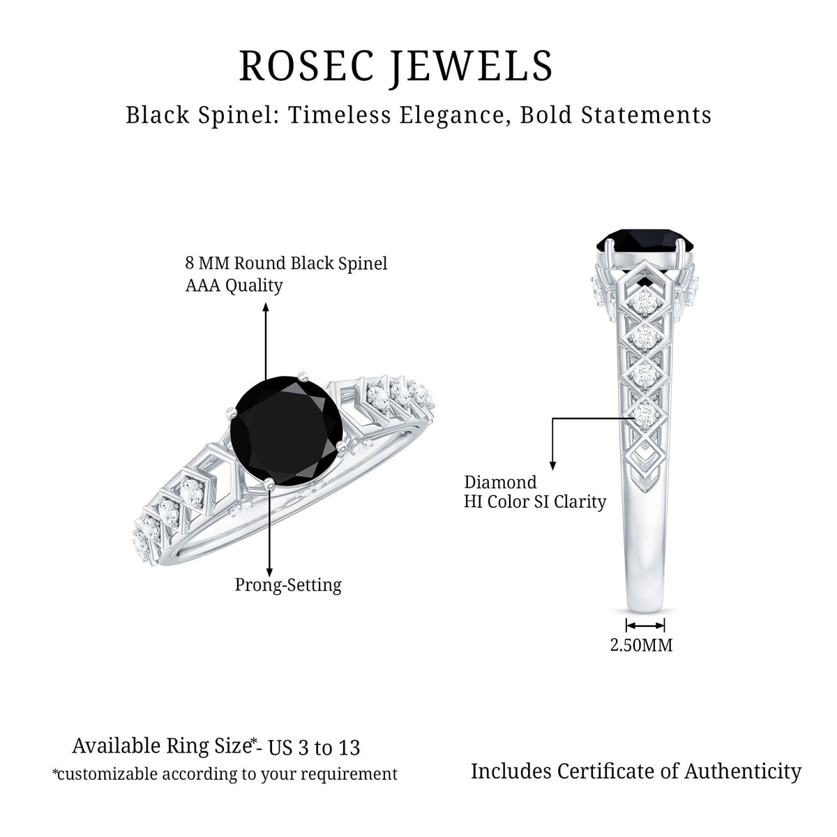 Black spinel solitaire engagement ring with diamond accents, vintage Art Deco style, featuring a sleek black gemstone setting.