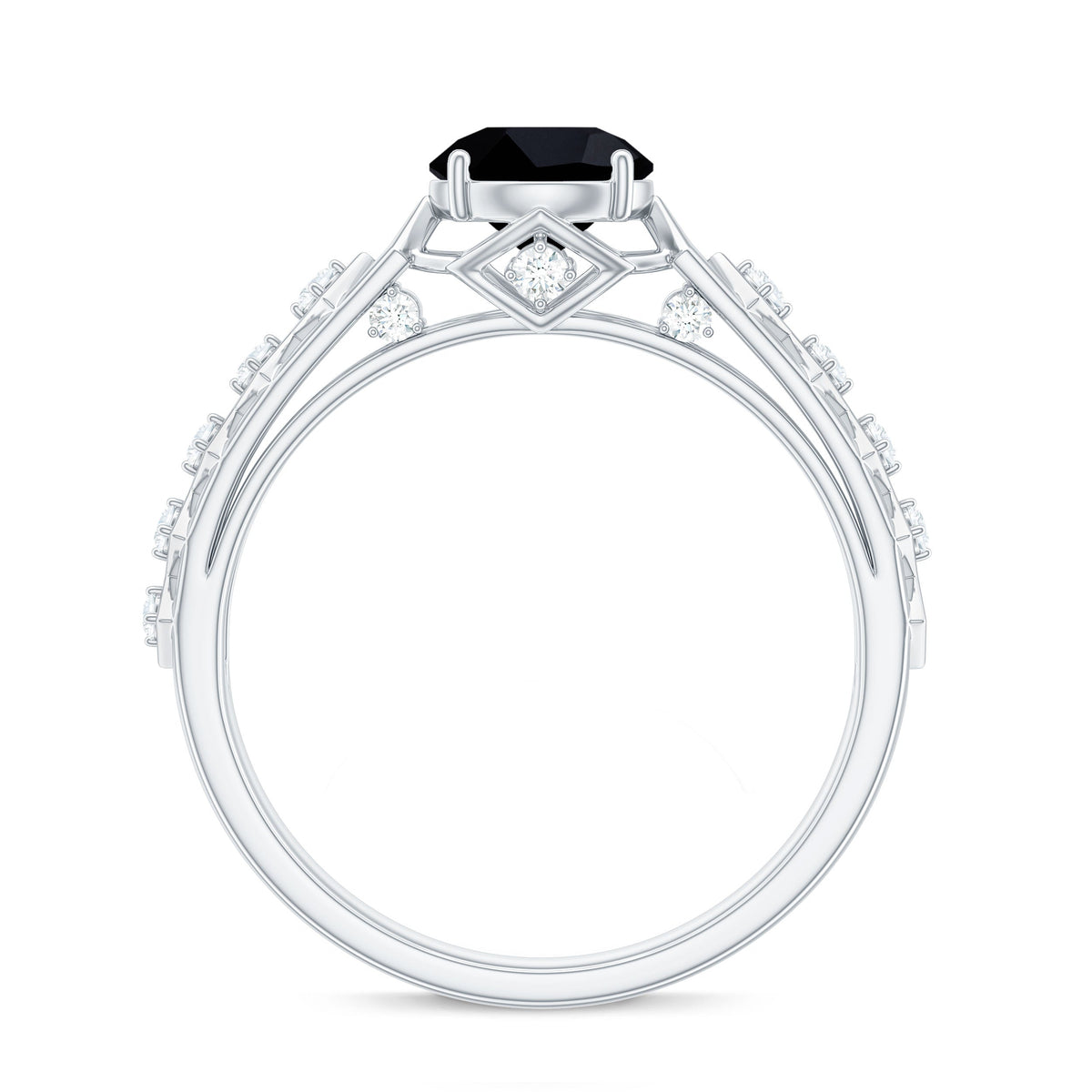 Art Deco black spinel solitaire engagement ring with diamond accent, featuring a sleek black gemstone setting by Rosec Jewels.