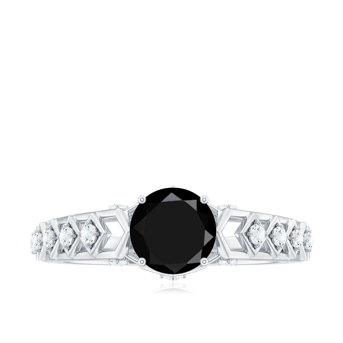 Black spinel solitaire engagement ring with a diamond accent, crafted by Rosec Jewels in an art deco-inspired design.