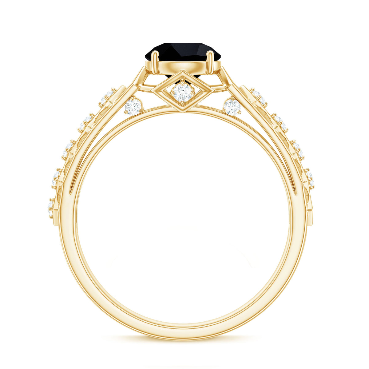 Black spinel solitaire engagement ring with diamond accents, featuring an Art Deco-inspired design, by Rosec Jewels.