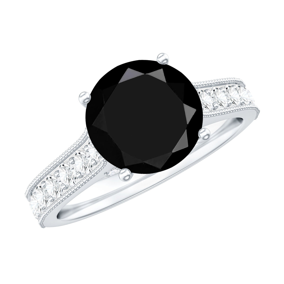 Natural black spinel solitaire engagement ring with diamond side stones, featuring a sleek band and elegant design by Rosec Jewels.