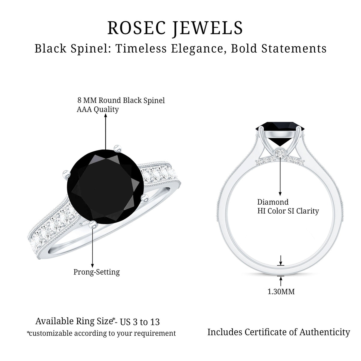 Natural black spinel solitaire engagement ring with diamond side stones, featuring a sleek band and elegant design by Rosec Jewels.