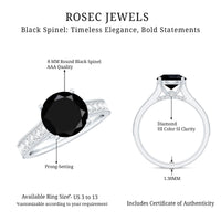 Natural black spinel solitaire engagement ring with diamond side stones, featuring a sleek band and elegant design by Rosec Jewels.