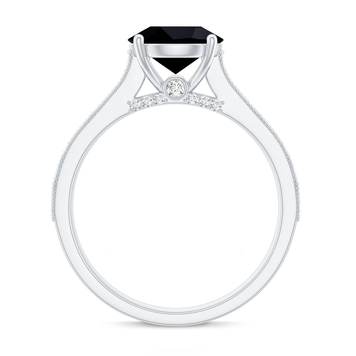 Natural black spinel solitaire engagement ring with diamond side stones, featuring a sleek band and elegant design from Rosec Jewels.