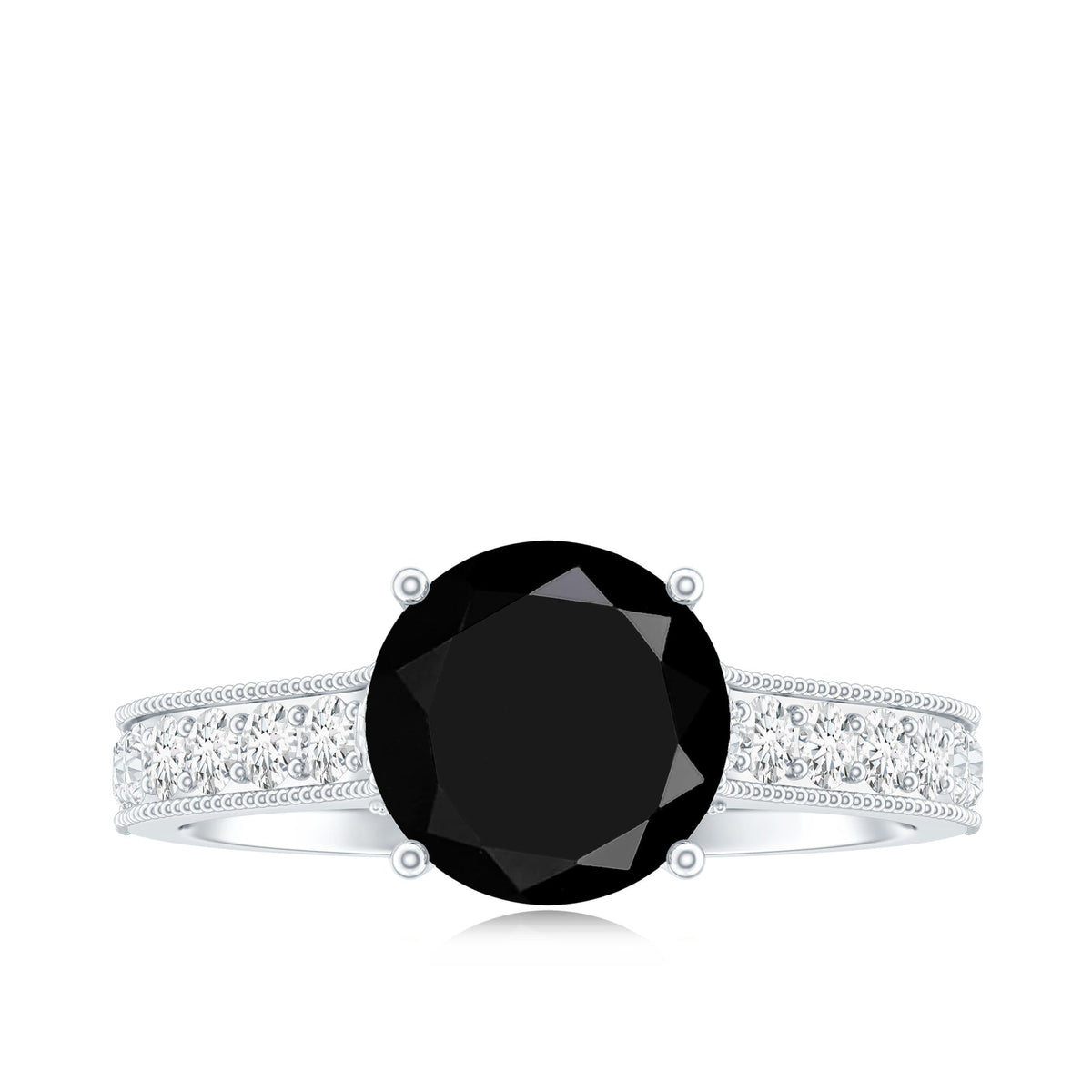 Natural black spinel solitaire engagement ring with diamond side stones, featuring a sleek band and elegant design by Rosec Jewels.