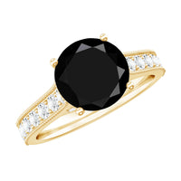 Natural black spinel solitaire engagement ring with diamond side stones, featuring a sleek design by Rosec Jewels.
