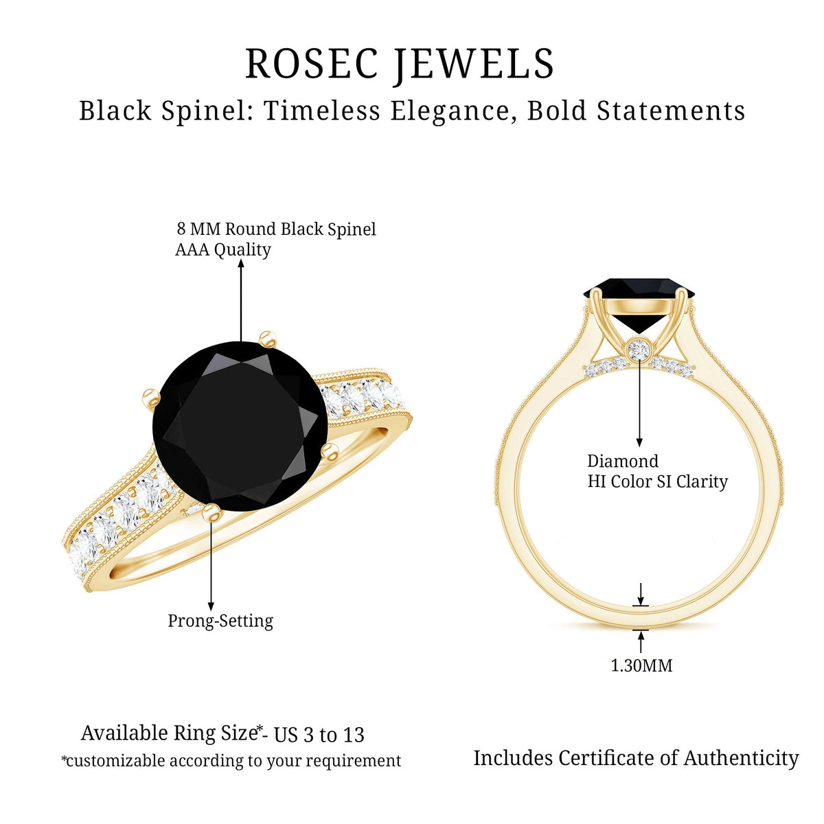 Natural black spinel solitaire engagement ring with diamond side stones, featuring a sleek band and elegant design from Rosec Jewels.