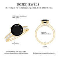 Natural black spinel solitaire engagement ring with diamond side stones, featuring a sleek band and elegant design from Rosec Jewels.